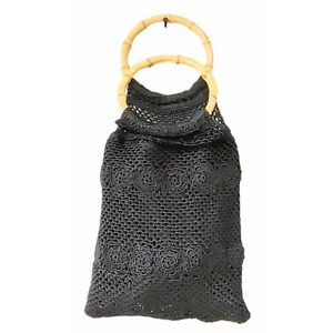 Crochet Black Handbag w Bamboo Wooden Handles